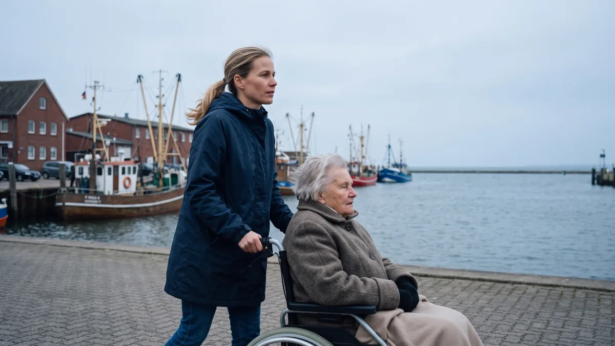 Ausflug mit einer Seniorin im Rollstuhl an einem norddeutschen Hafen
