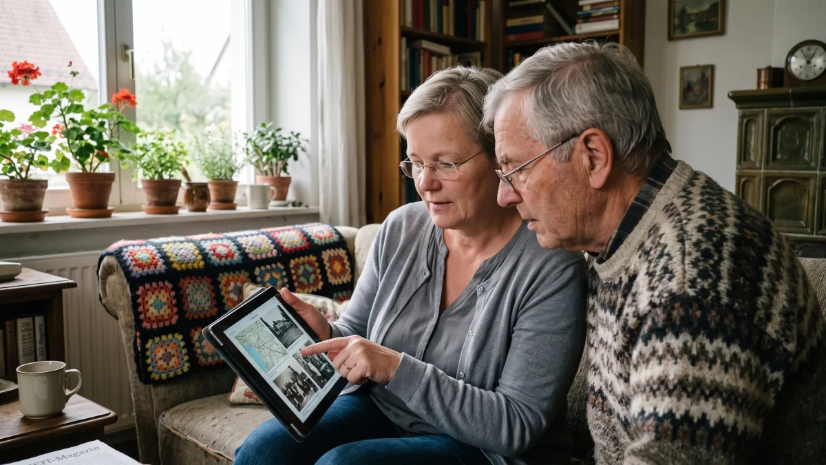Umgang mit neuen Medien – Betreuerin zeigt einem Senior etwas auf dem Tablet