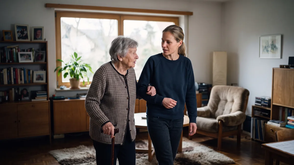 Seniorenbetreuung – Betreuerin begleitet eine Seniorin durch die Wohnung