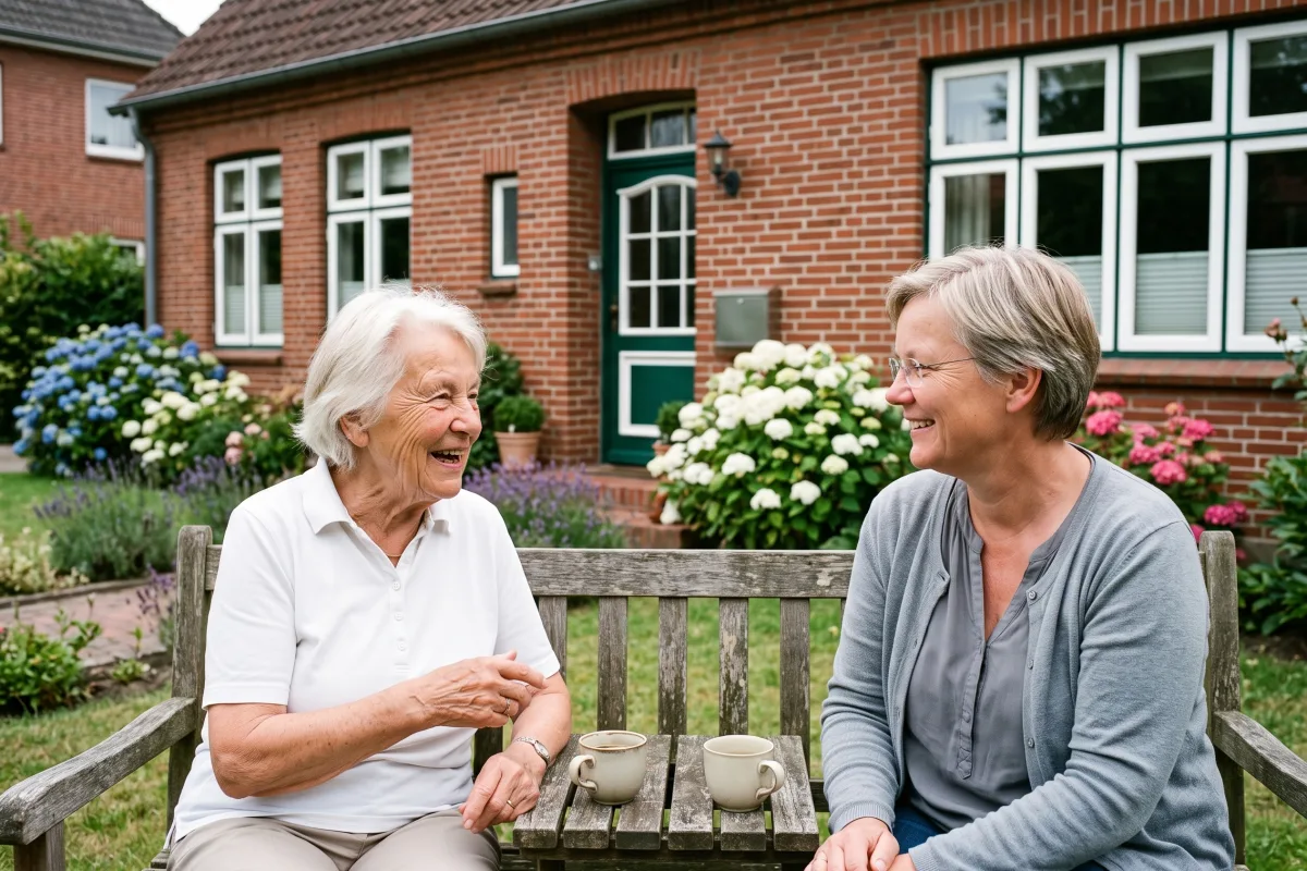 Betreuerin und Seniorin sitzen lachend mit Kaffee auf einer Gartenbank vor einem Klinkerhaus